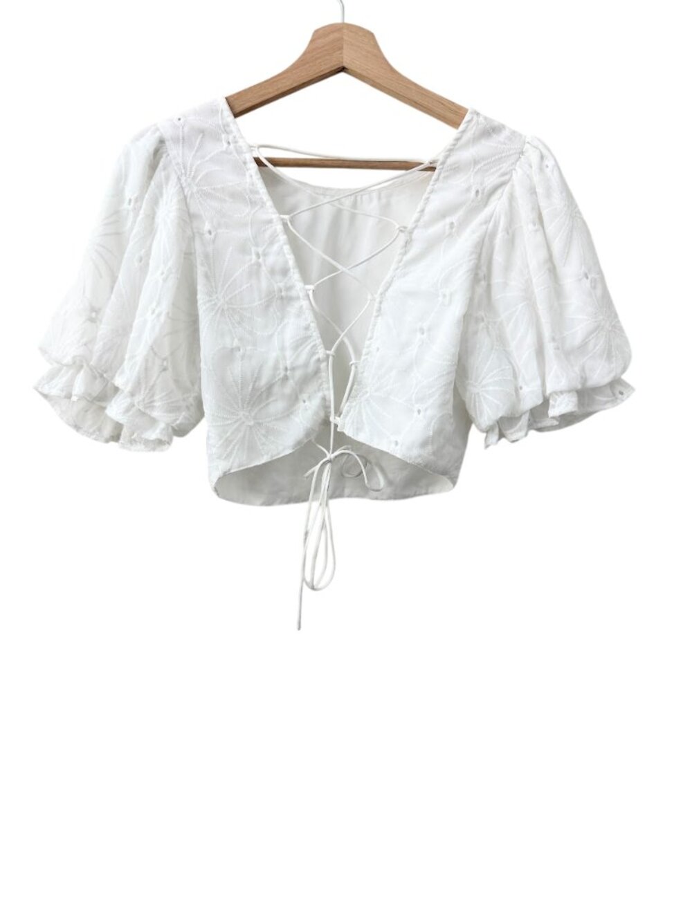 Mustard Seed White Floral Eyelet Crop Top Lace Up Back Size Small Boho - Picture 3 of 7